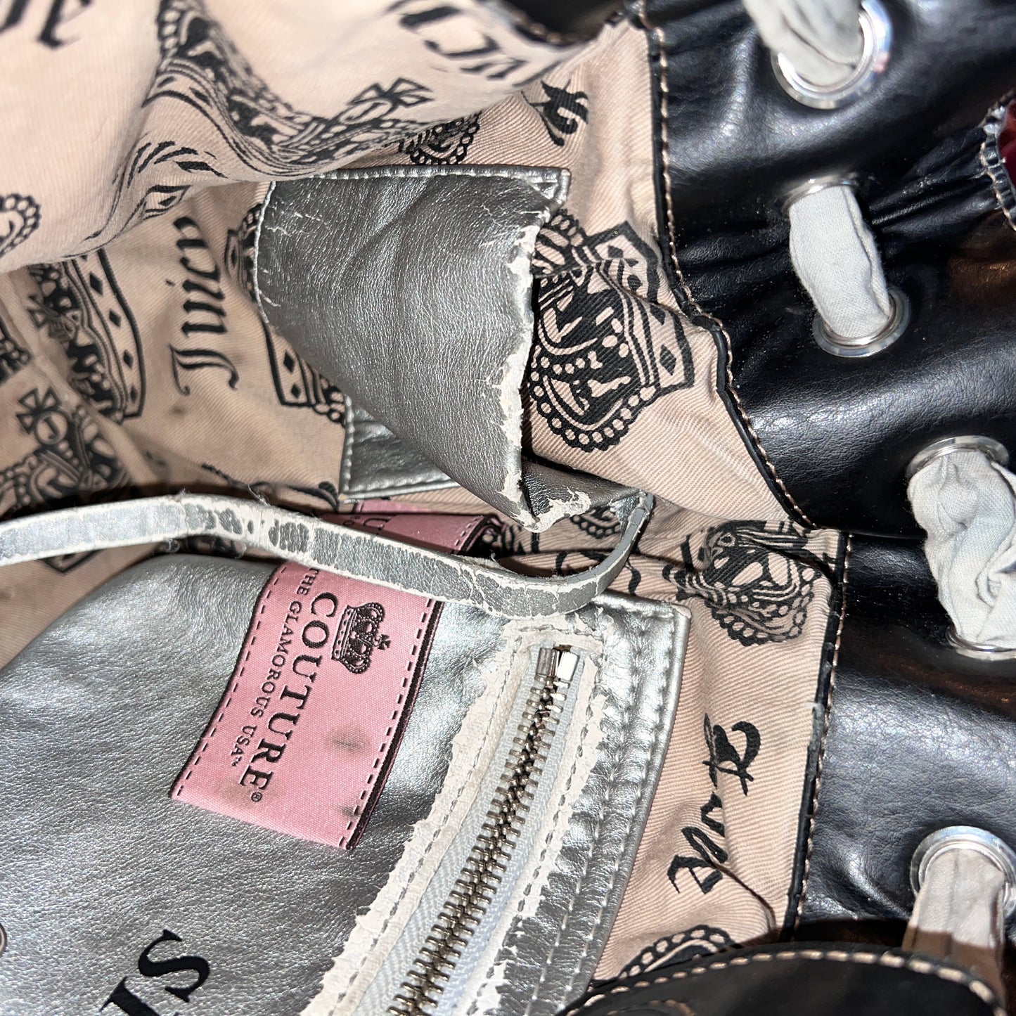 Vintage Grey Black Juicy Couture Tote Bag Purse Daydreamer Velour Handbag Y2K