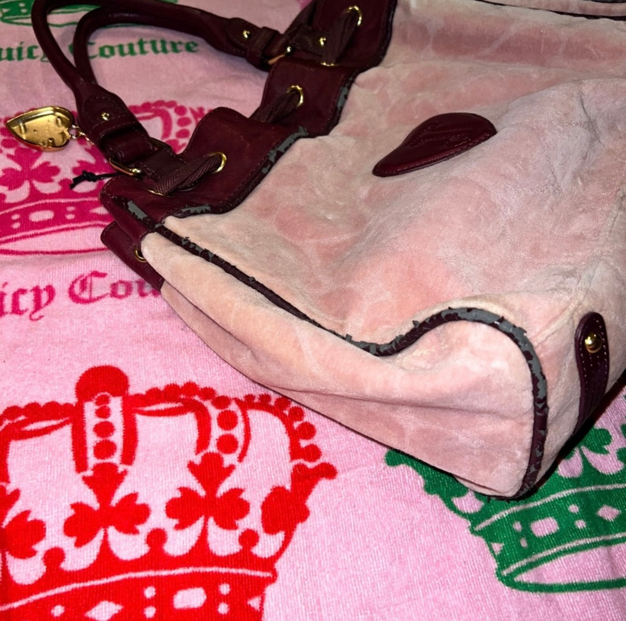 Vintage Pink Juicy Couture Purse Tote Bag Handbag Velour Daydreamer Y2K Hearts