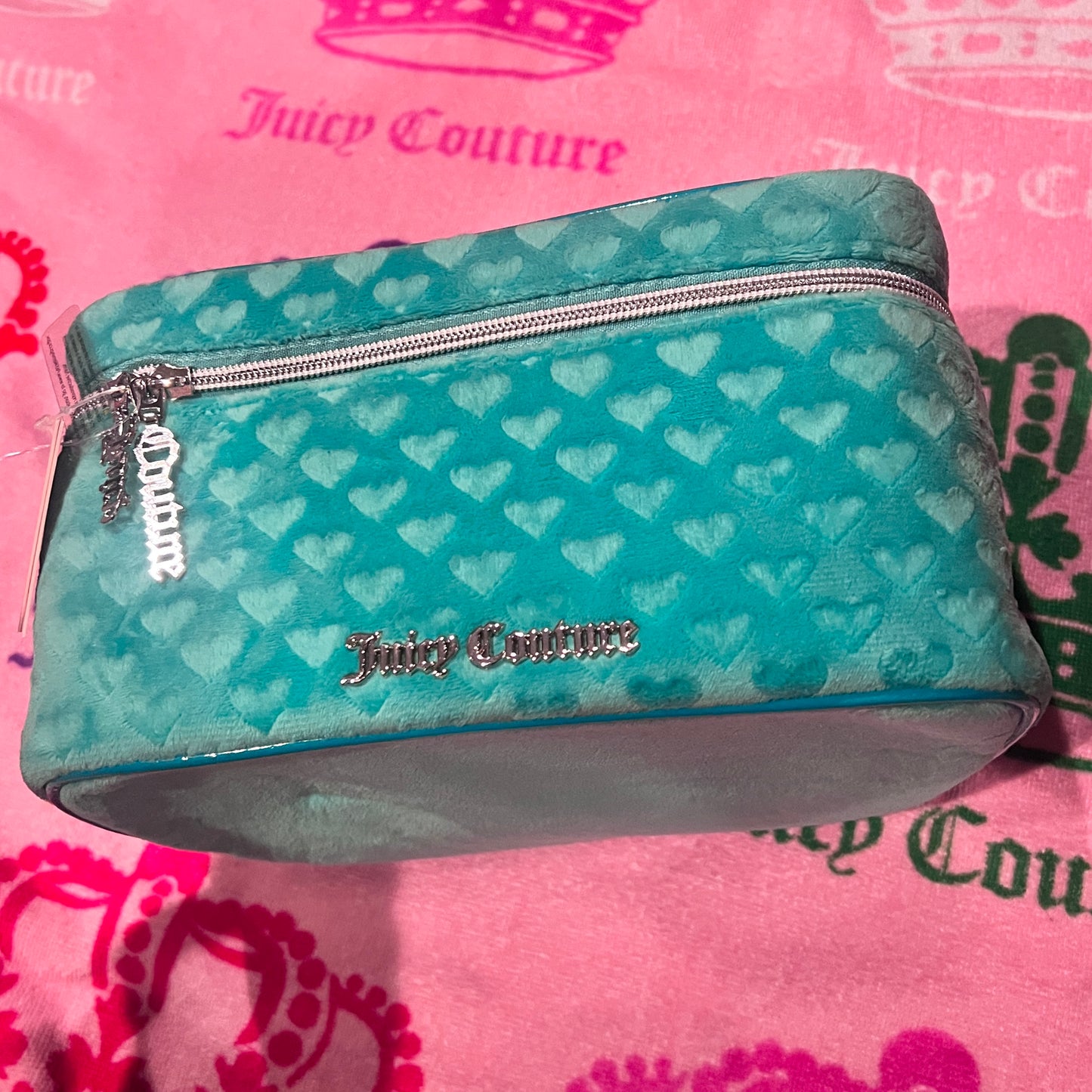 New Turquoise Juicy Couture Train Case Makeup Bag Velvet Cosmetic Purse Hearts
