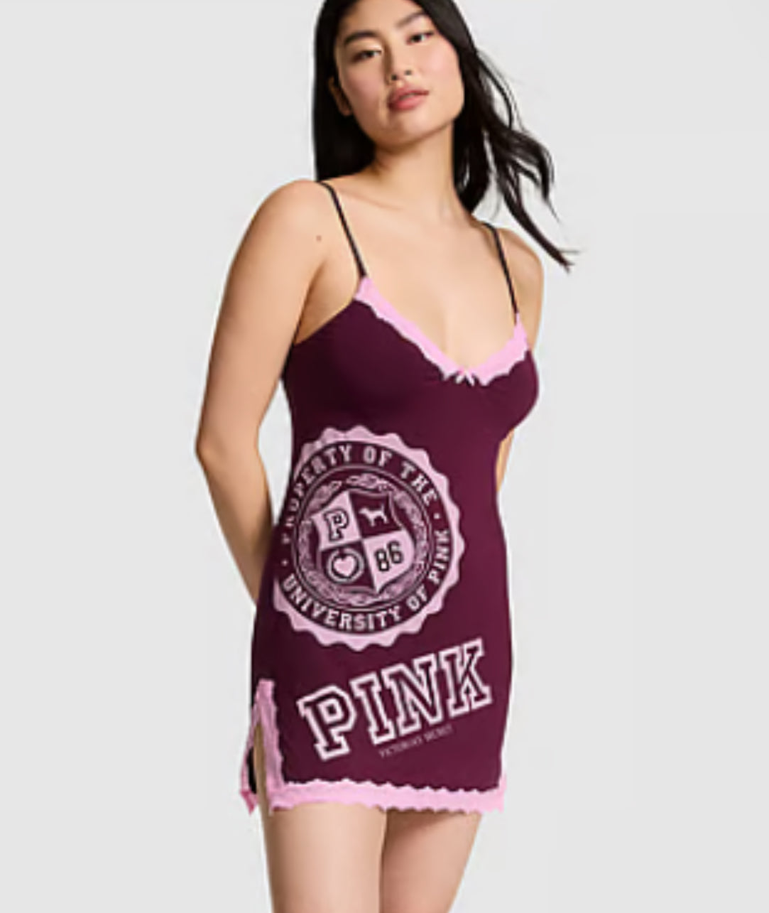 New Maroon Victoria’s Secret PINK Dress Sleep Shirt Lace Trim Modal Slip Dress