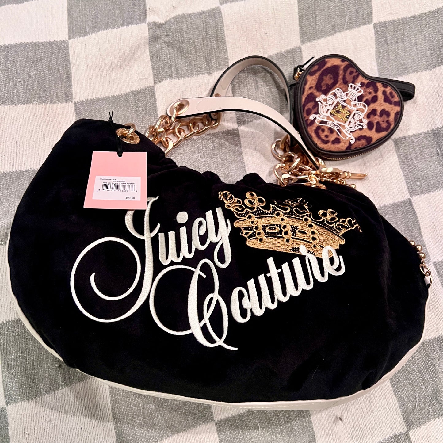 New Juicy Couture Black Satchel Bag + Cheetah Pouch Velour Vintage Style Purse