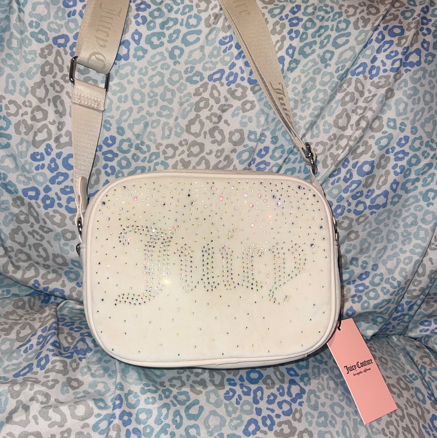New White Juicy Couture Purse Crossbody Bag Velour Rhinestones