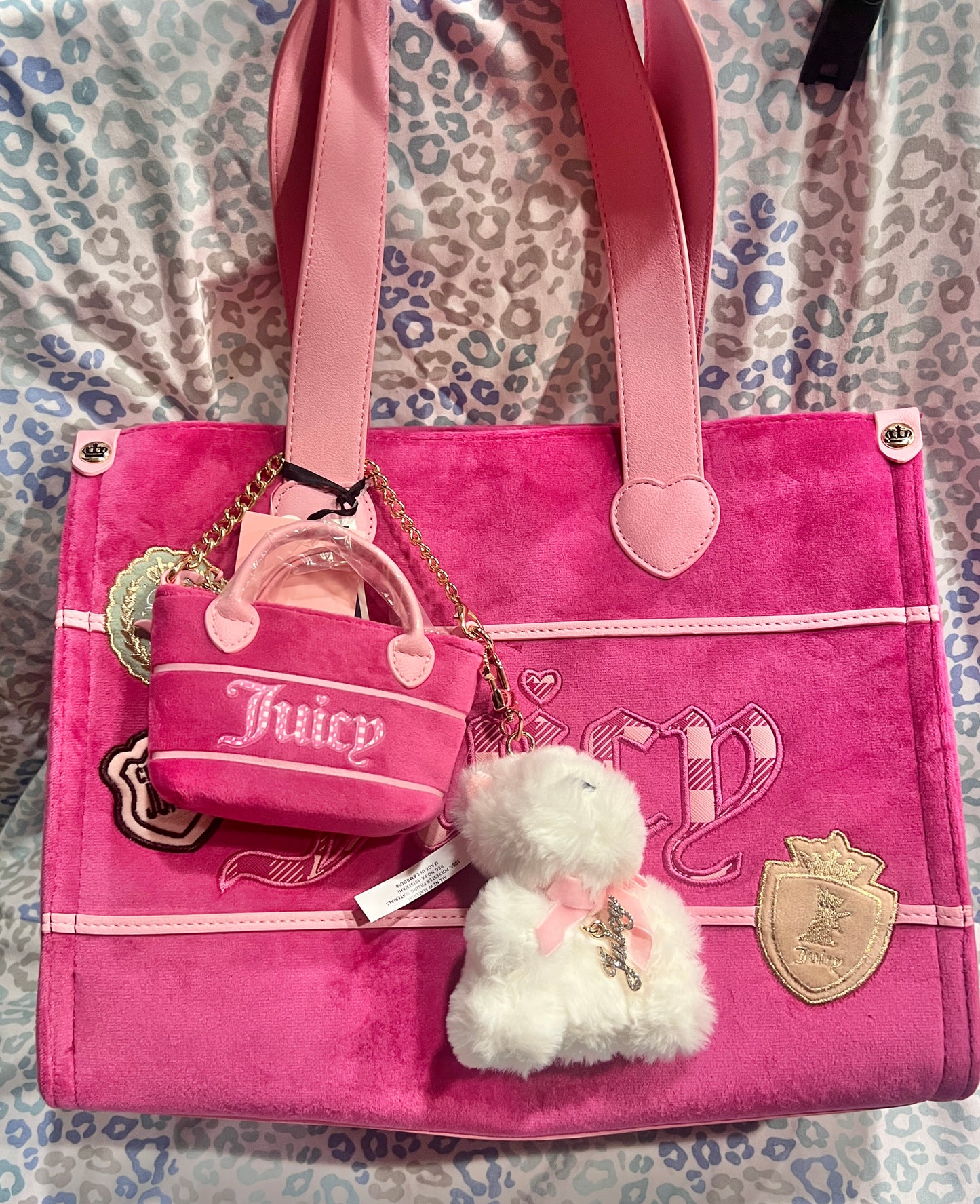 New Pink Juicy Couture Tote Bag Purse Patch Work Handbag Velour + Mini Bag Charm