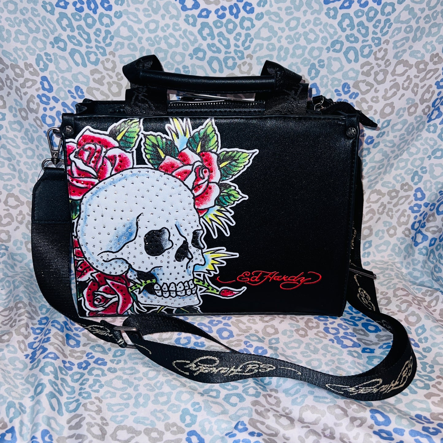 New Black ED HARDY Purse Tote Bag Crossbody Tattoo Skull Roses NWT Y2K MSRP $75