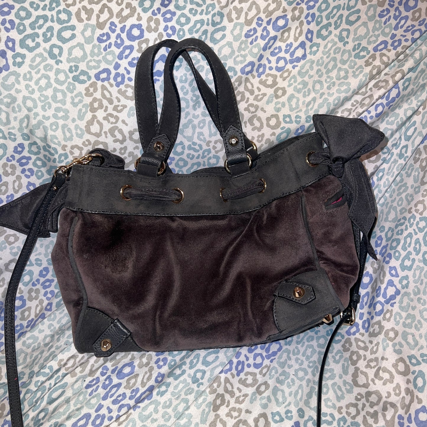 Vintage Black Grey Juicy Couture Purse Mini Daydreamer Tote Bag Handbag Velour