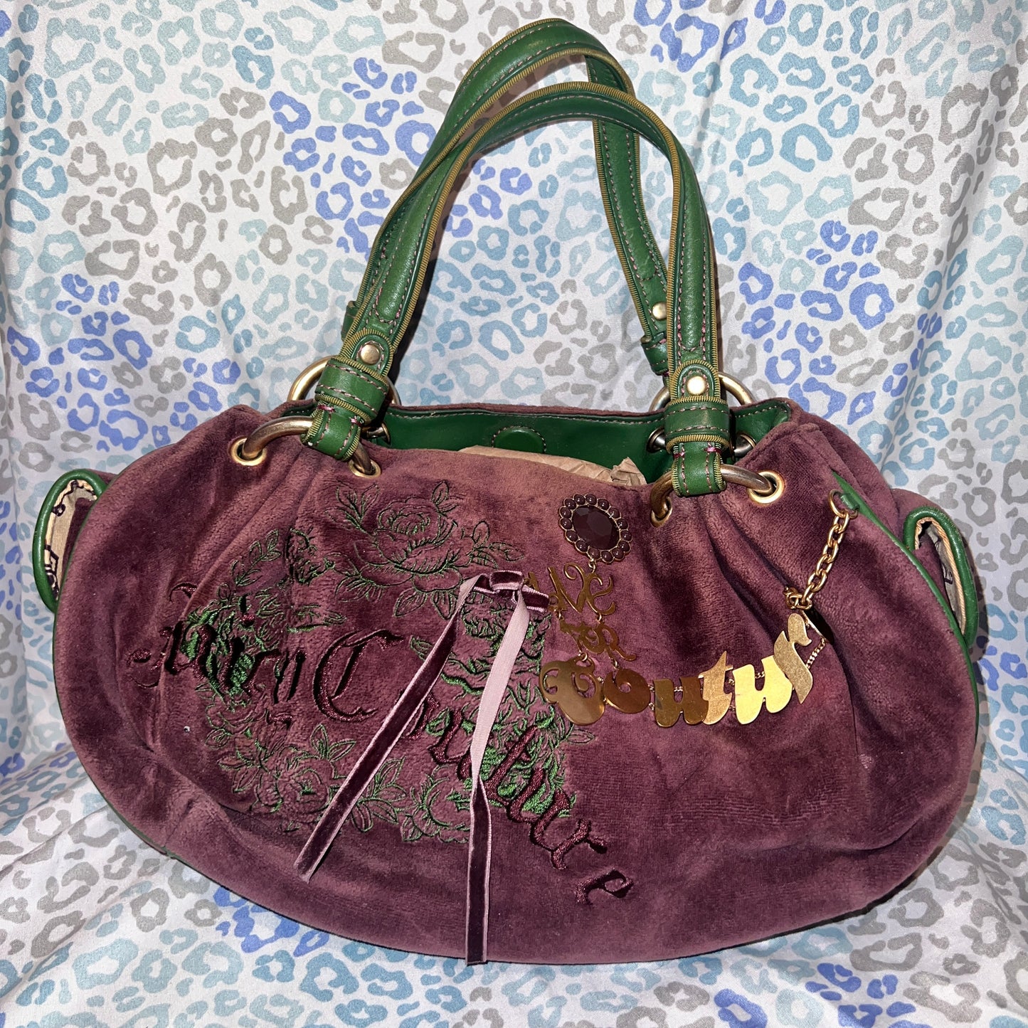 Vintage Green Purple Juicy Couture Purse Satchel Bag Handbag Velvet Y2K