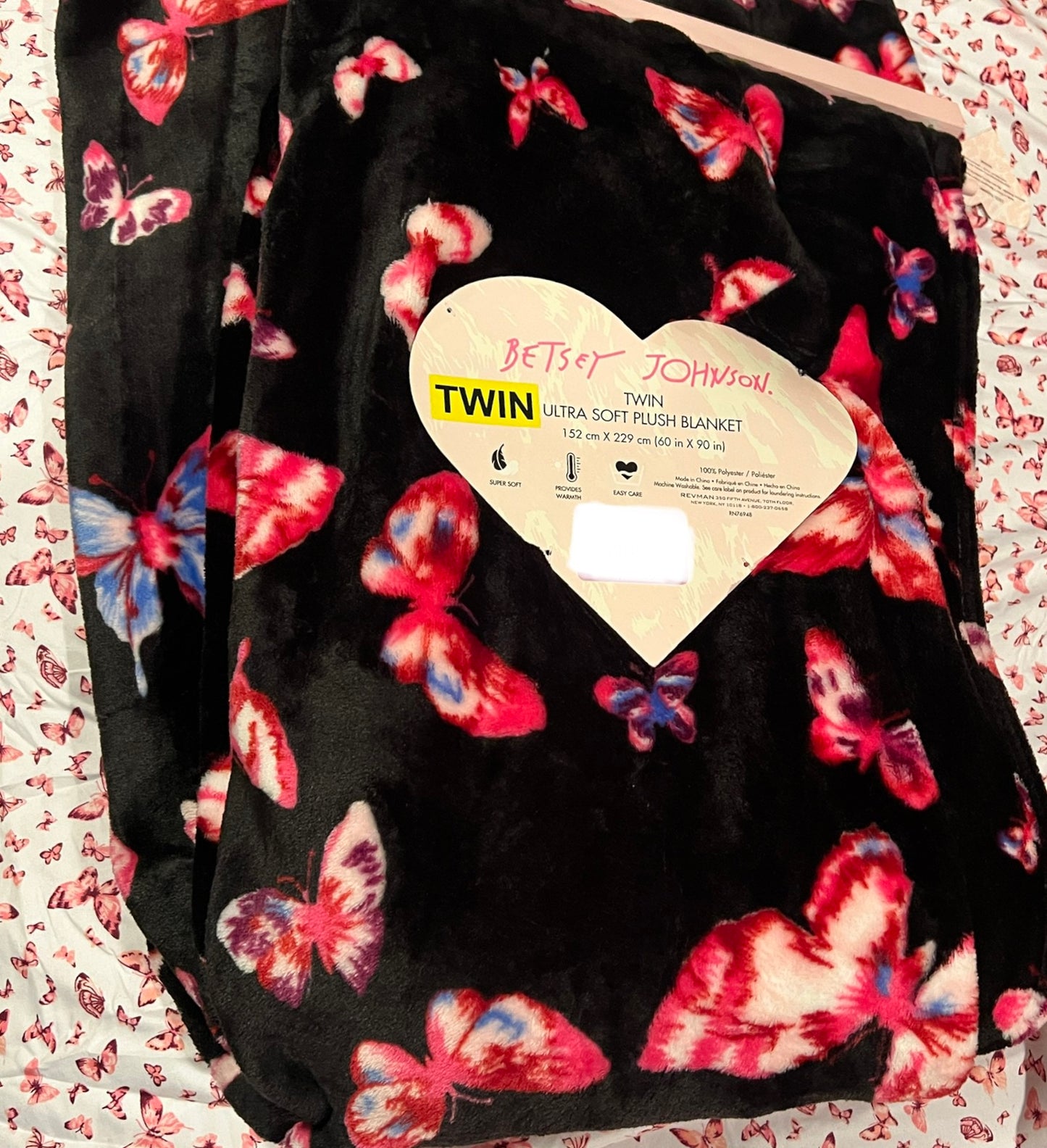 New Black Pink Betsey Johnson Plush Throw Blanket Twin Size Butterflies