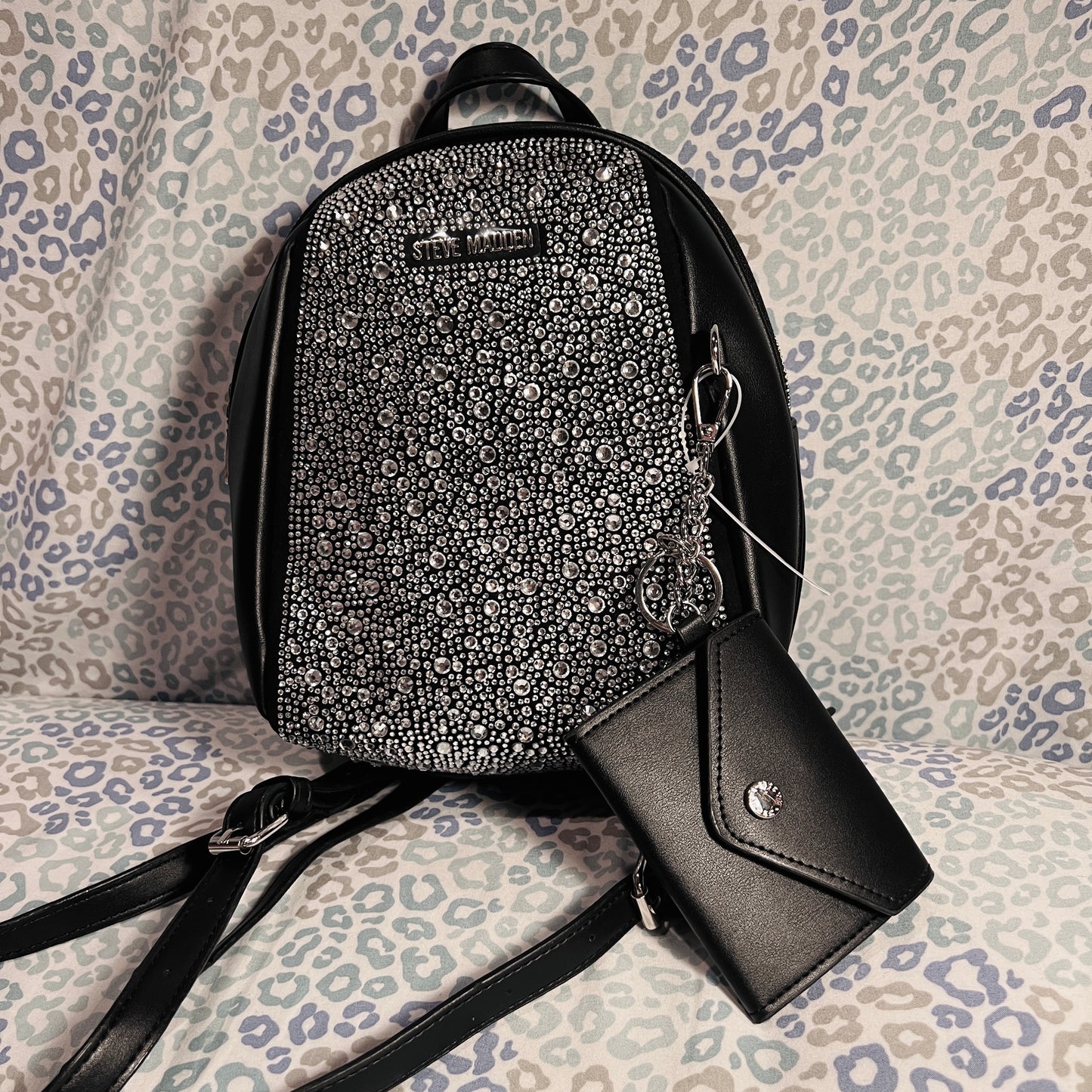 New Black Steve Madden Mini Backpack + Wallet NWT Purse Bag Handbag Rhinestones