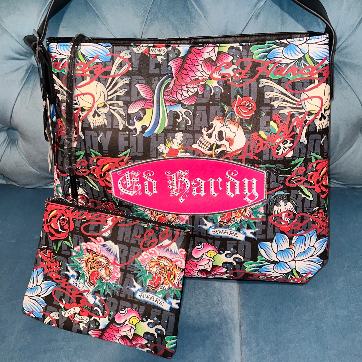 New Large Black ED HARDY Purse + Pouch NWT Tote Bag Tattoo Skull Heart Y2K