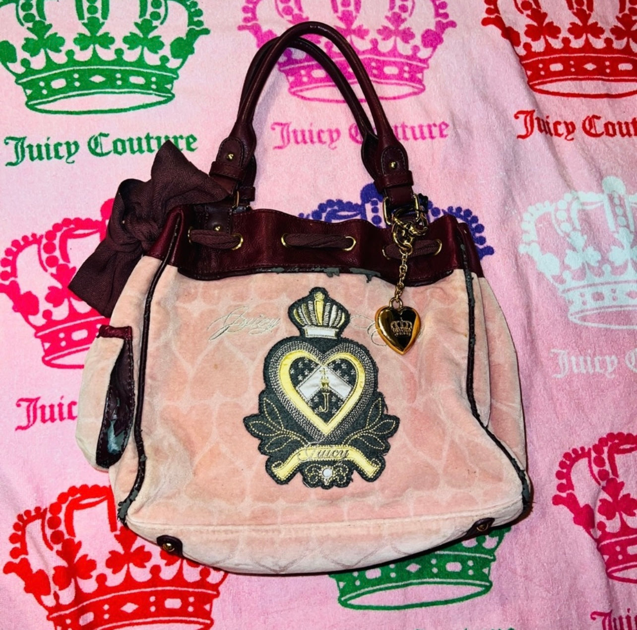 Vintage Pink Juicy Couture Purse Tote Bag Handbag Velour Daydreamer Y2K Hearts