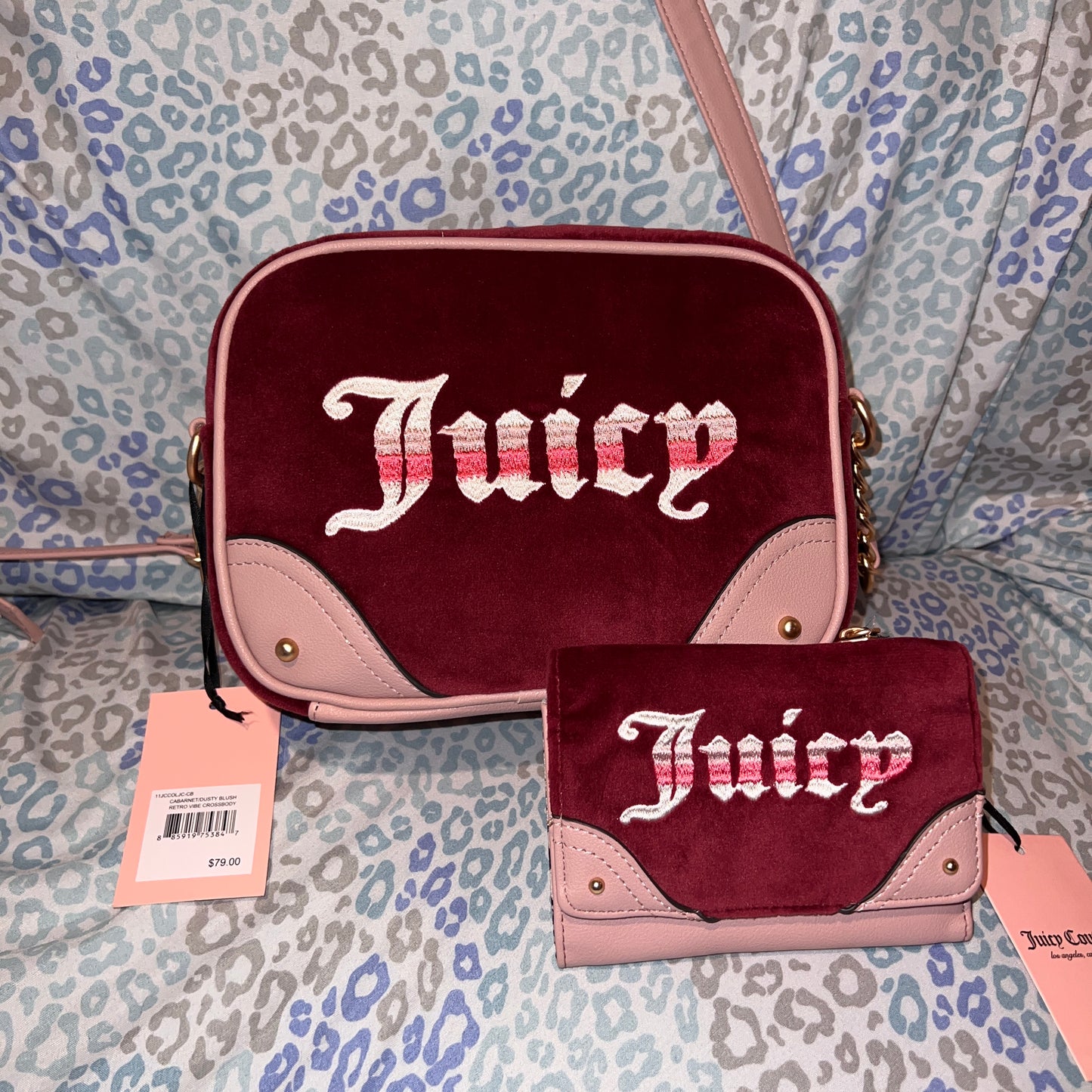 New Pink Maroon Juicy Couture Crossbody Purse + Wallet NWT Bag Velour Retro Vibe
