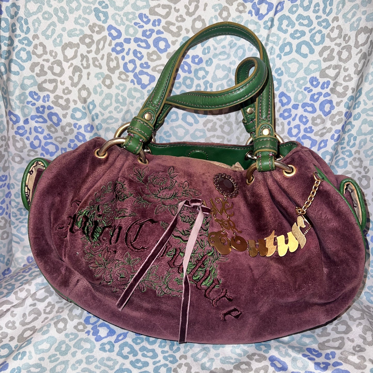 Vintage Green Purple Juicy Couture Purse Satchel Bag Handbag Velvet Y2K