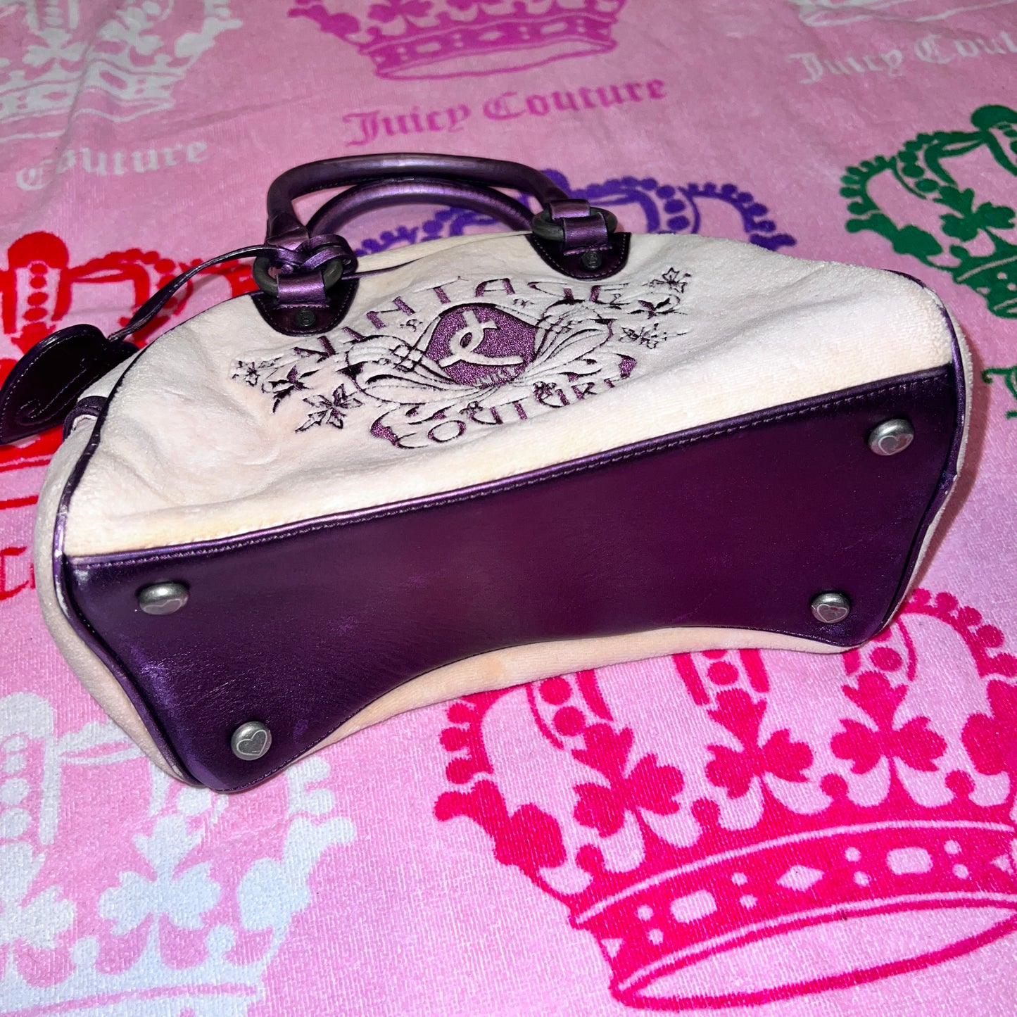 Vintage Purple Cream Juicy Couture Purse Satchel Bowler Bag Handbag Velour Y2K