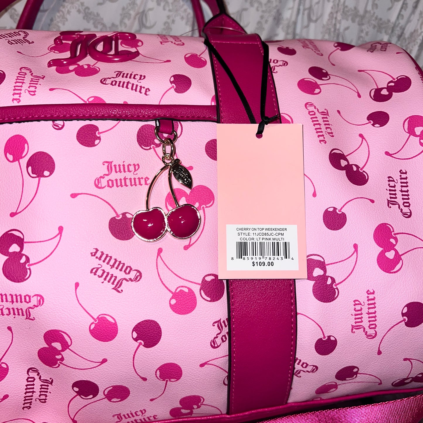 New Juicy Couture Pink Raspberry Cherry Weekender Travel Duffel Bag Cherries NWT