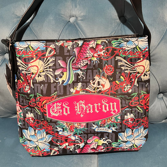 New Large Black ED HARDY Purse + Pouch NWT Tote Bag Tattoo Skull Heart Y2K