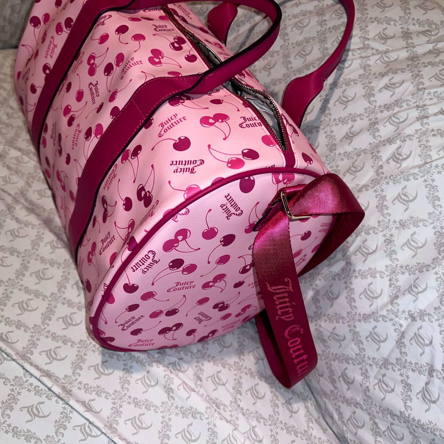 New Juicy Couture Pink Raspberry Cherry Weekender Travel Duffel Bag Cherries NWT