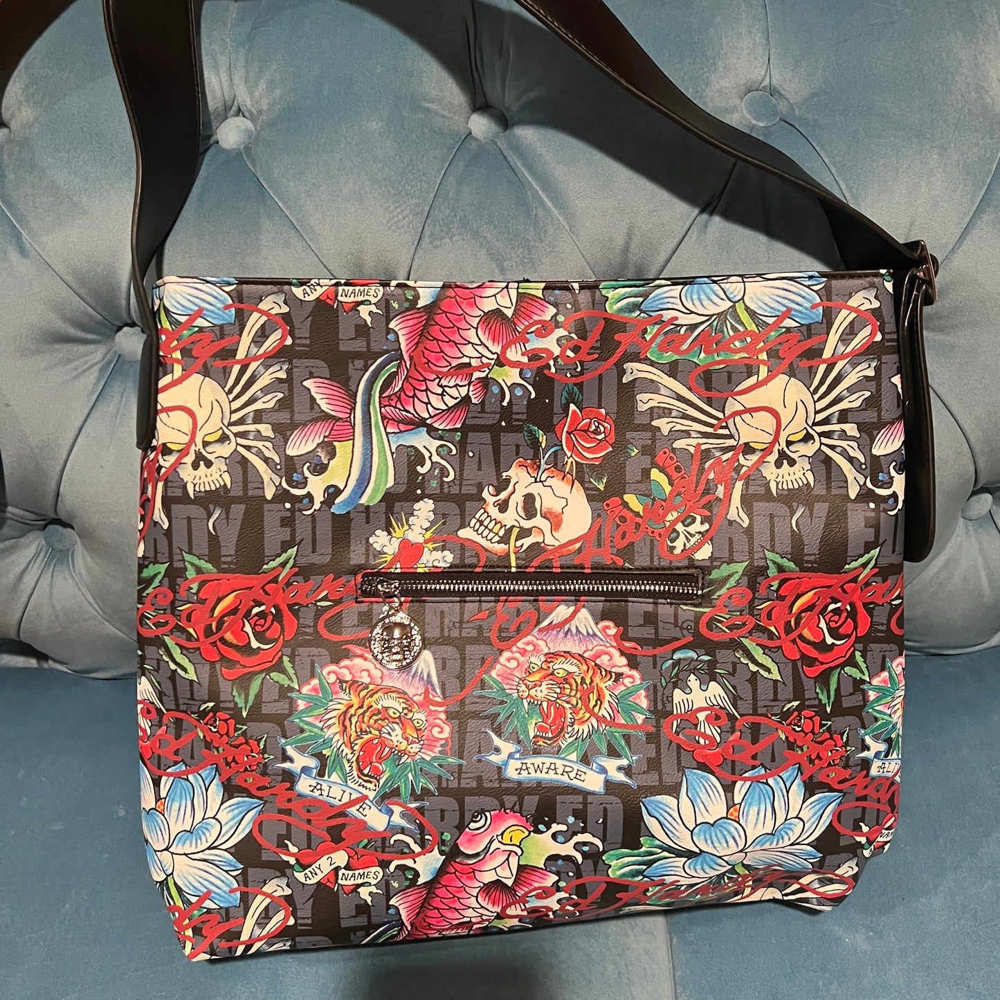 New Large Black ED HARDY Purse + Pouch NWT Tote Bag Tattoo Skull Heart Y2K