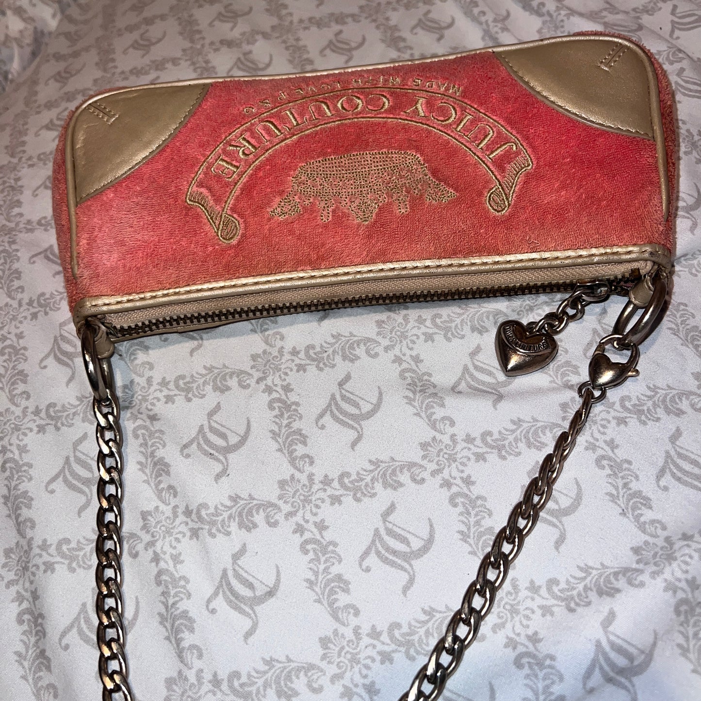 Vintage Gold Salmon Pink Juicy Couture Purse Bag Clutch Handbag Y2K Terry Cloth
