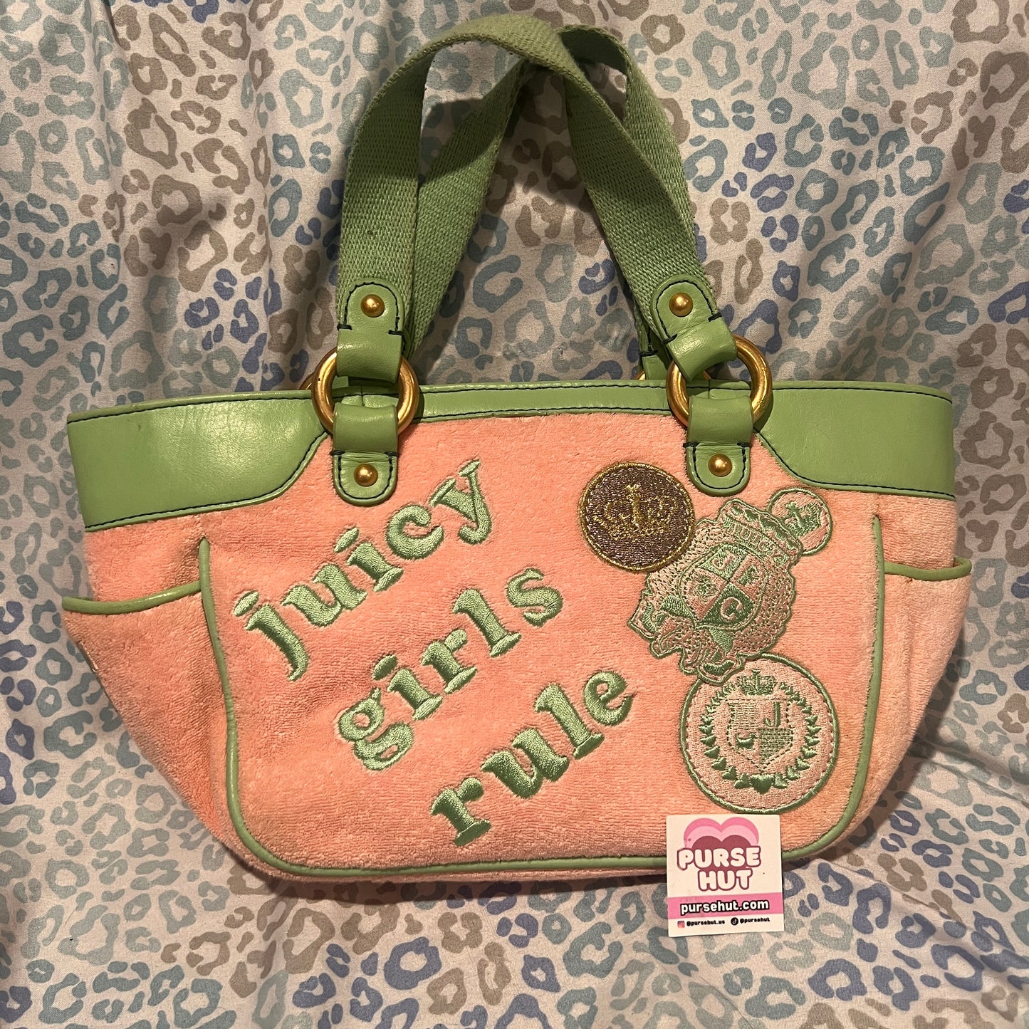 Vintage Green Pink Juicy Couture Bag Purse Handbag Terry Cloth Juicy Girls Rule
