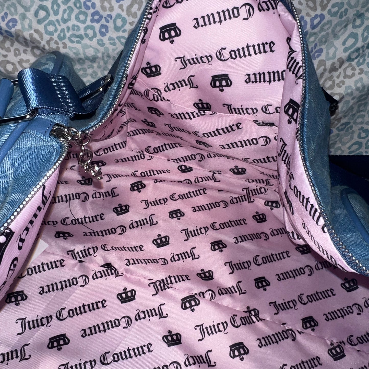 New Blue Juicy Couture Duffel Bag Bow Travel Denim Purse XL Weekender Ribbon