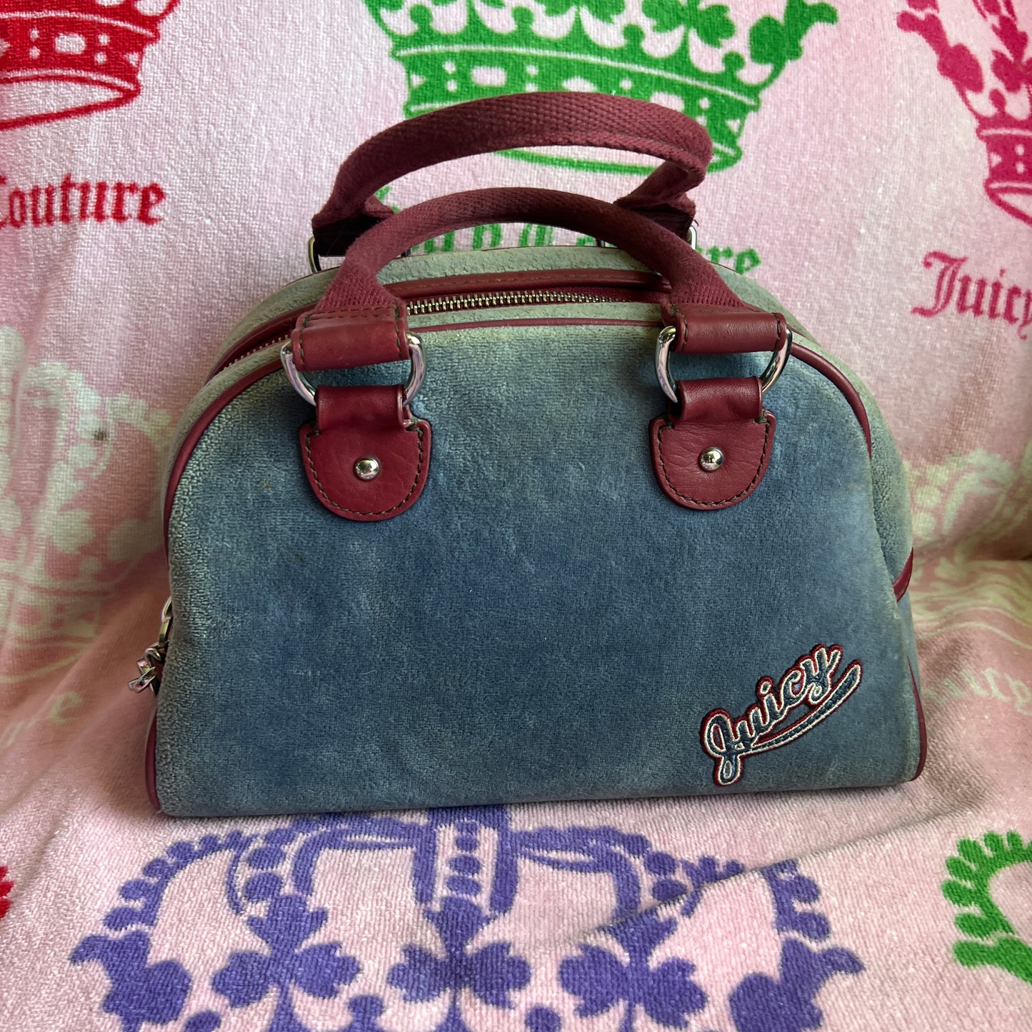 Vintage Red Blue Juicy Couture Bowler Bag Purse Handbag Trustfund University Y2K