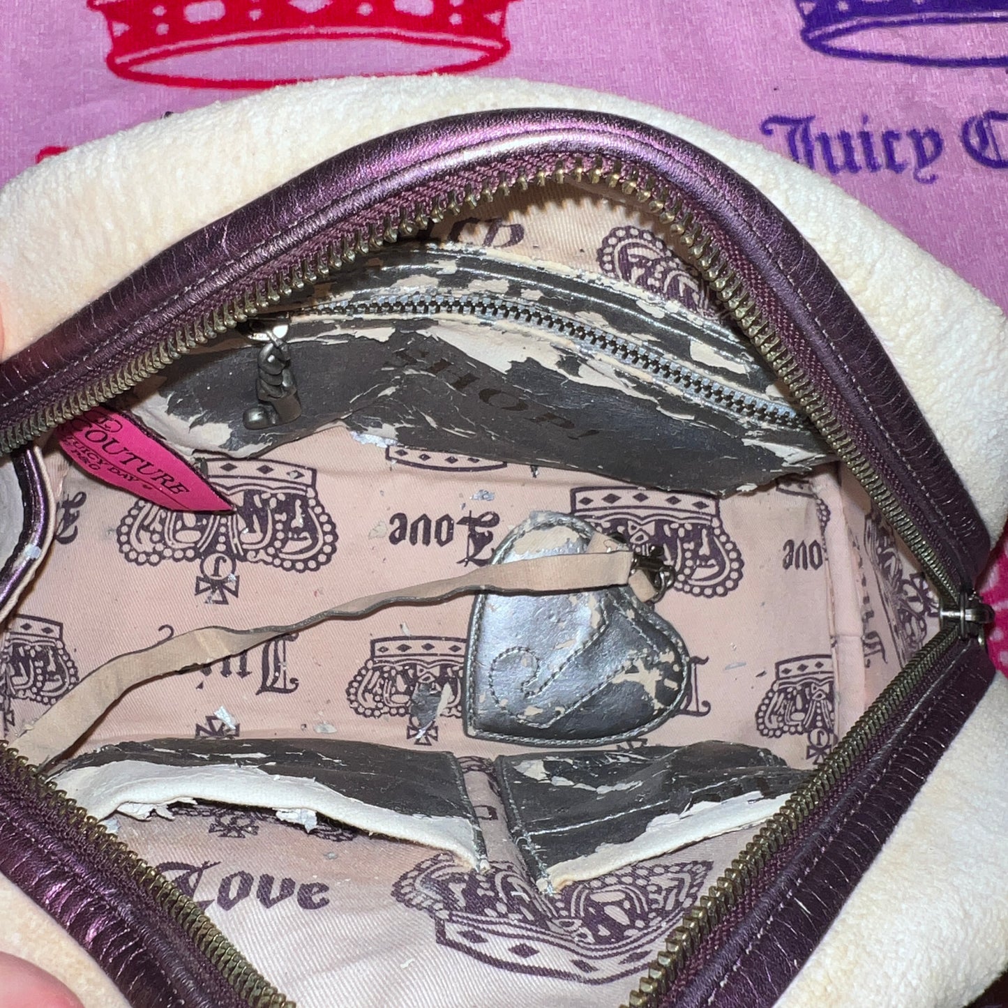 Vintage Purple Cream Juicy Couture Purse Satchel Bowler Bag Handbag Velour Y2K