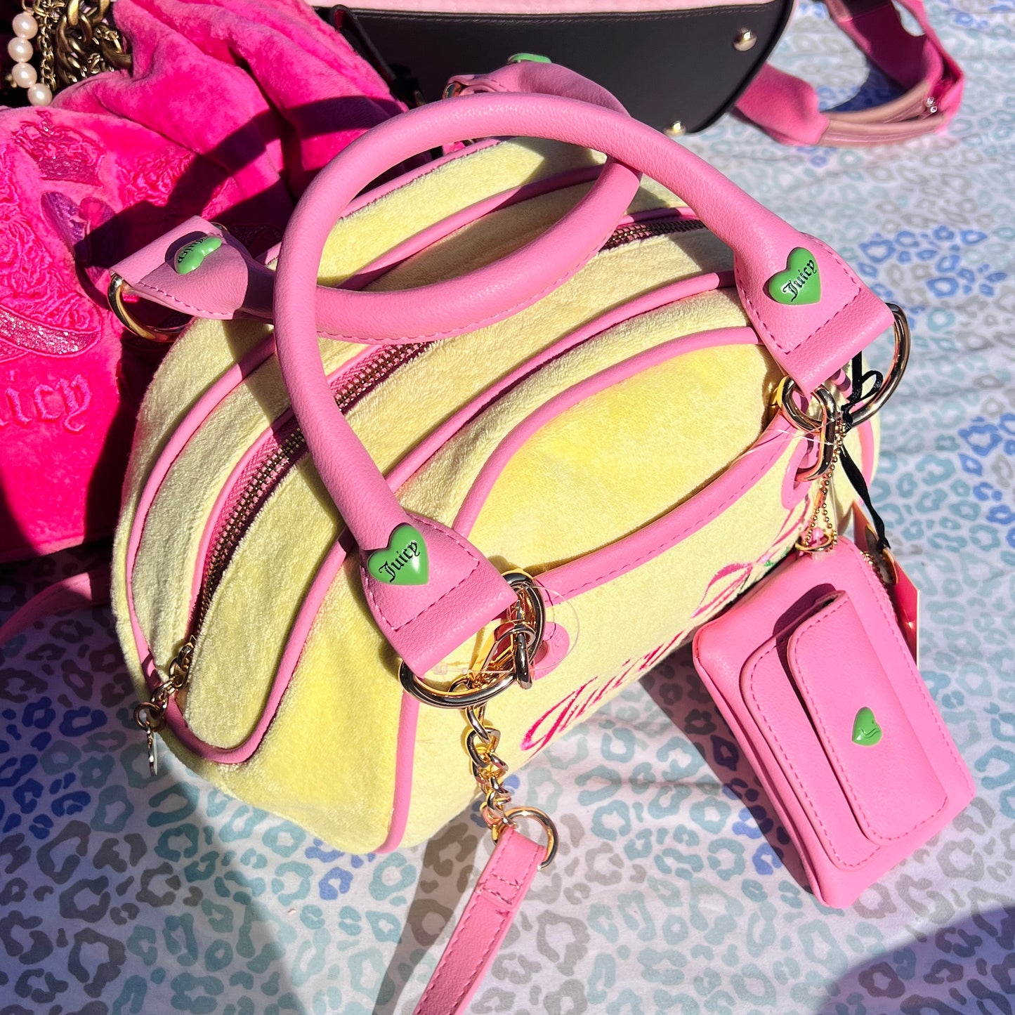 New Yellow Juicy Couture Purse Bowler Bag Handbag Satchel Strawberry Terry Cloth