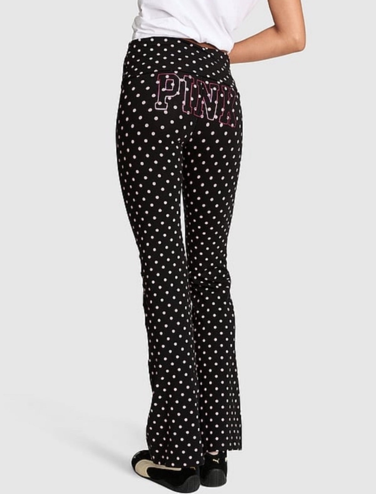 New Black VS PINK Leggings Cotton Fold Over Flare Polka Dot Yoga Pants