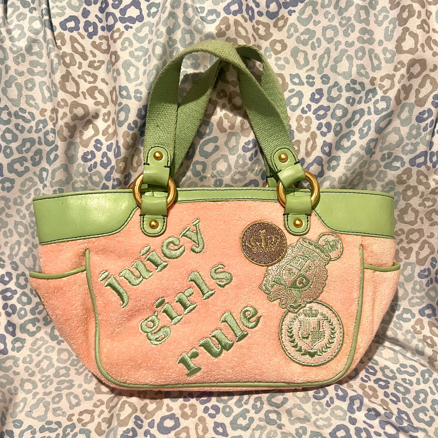 Vintage Green Pink Juicy Couture Bag Purse Handbag Terry Cloth Juicy Girls Rule
