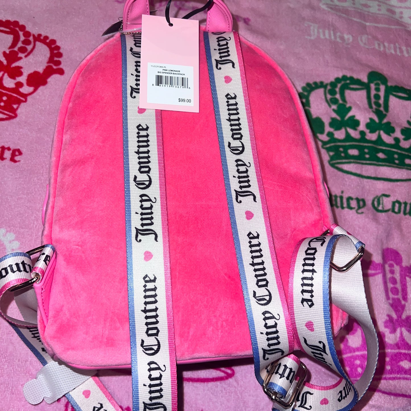 New Pink Juicy Couture Backpack + Bag Charm NWT Purse Bag Velvet MSRP $99