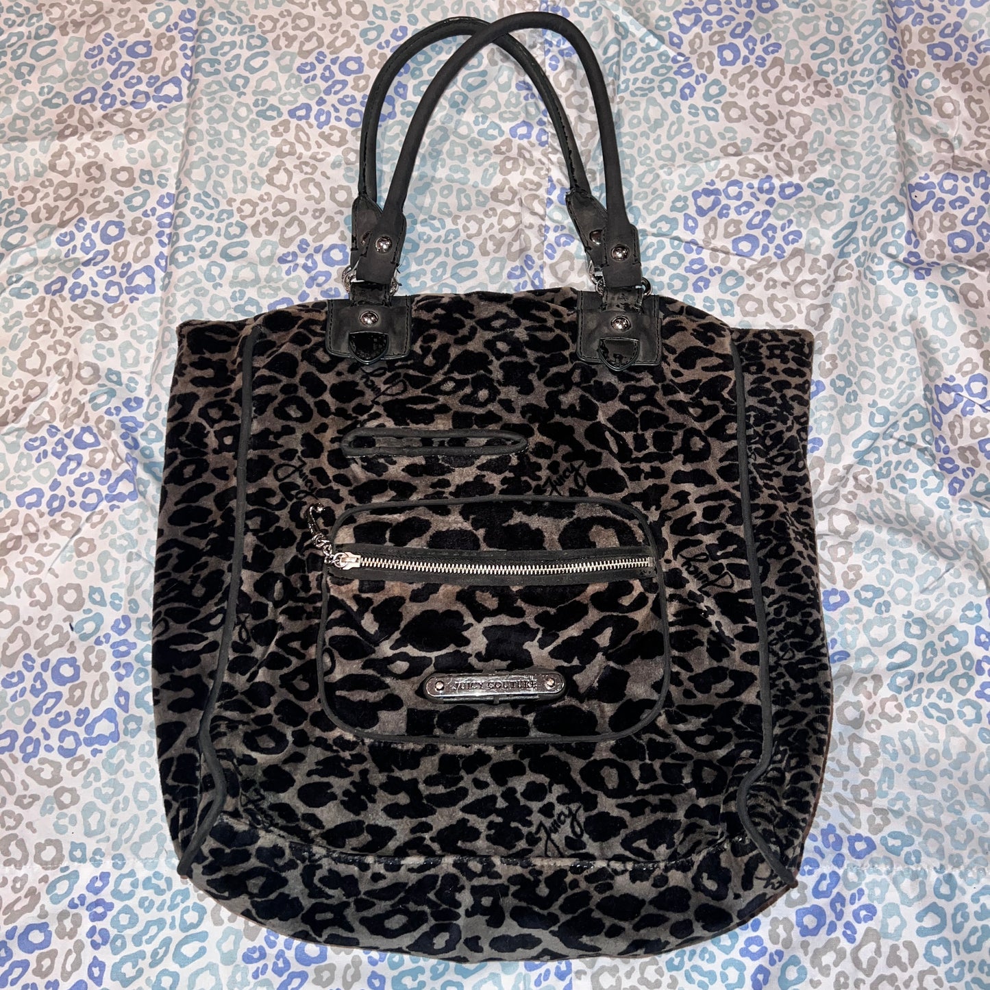 Vintage Grey Black Juicy Couture Handbag Satchel Bag Purse Velour Y2K Cheetah