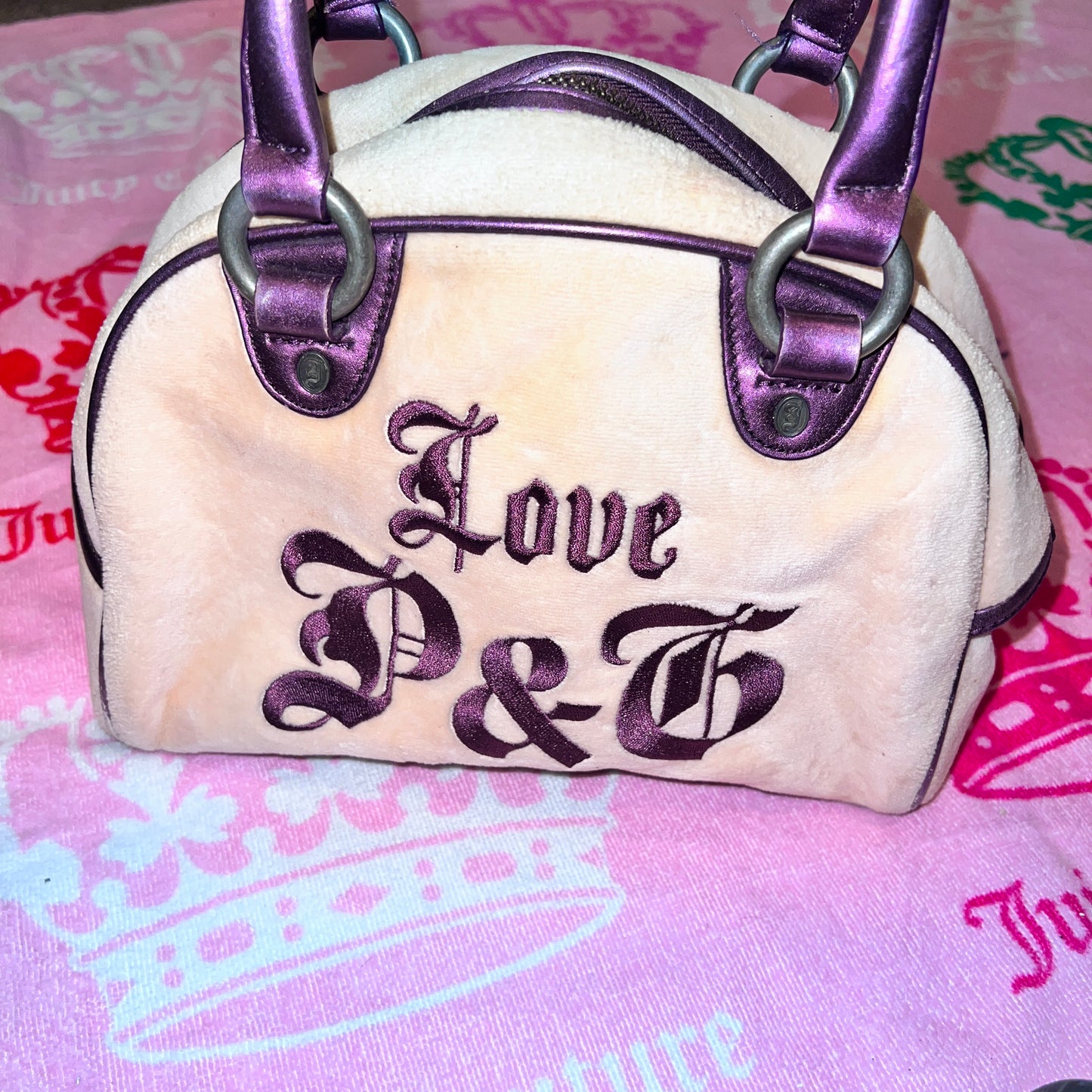 Vintage Purple Cream Juicy Couture Purse Satchel Bowler Bag Handbag Velour Y2K