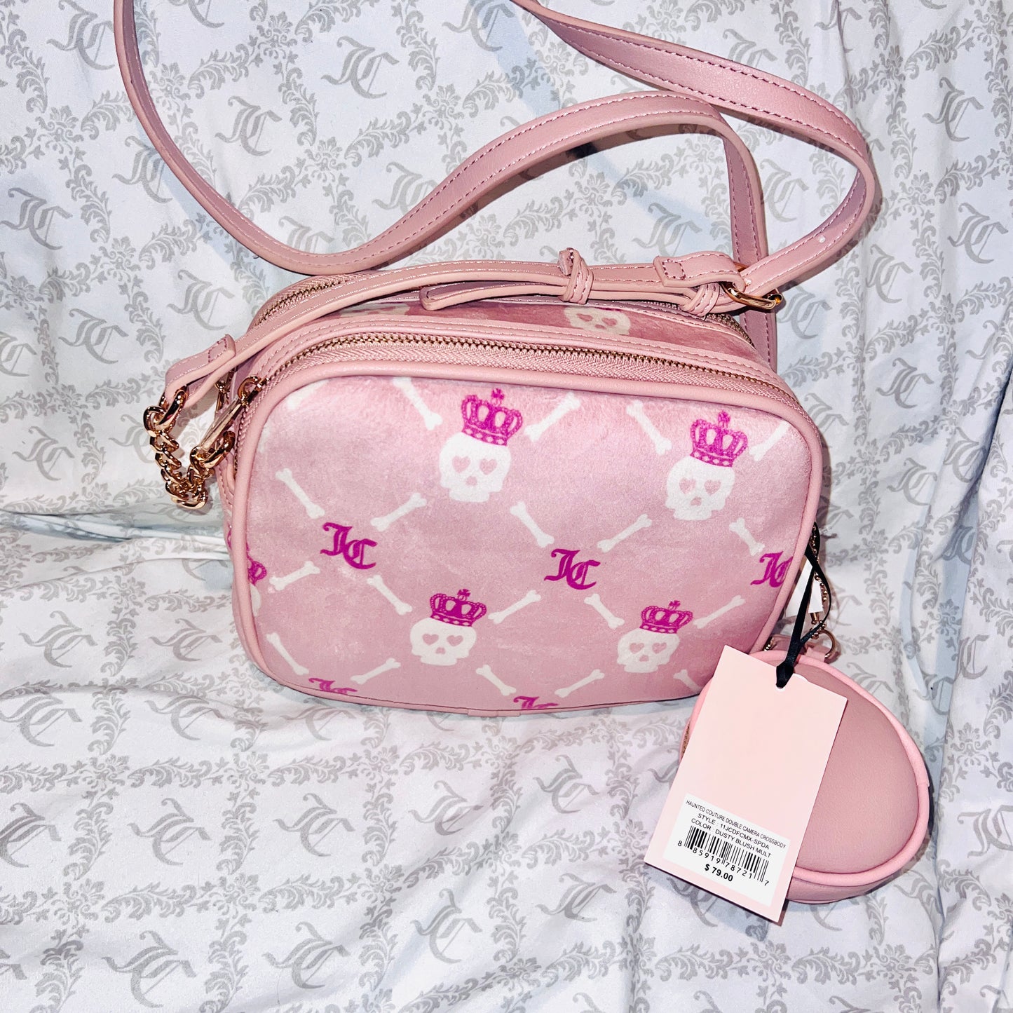 New Pink Juicy Couture Crossbody Bag Purse Skull Velvet Haunted Couture MSRP $79