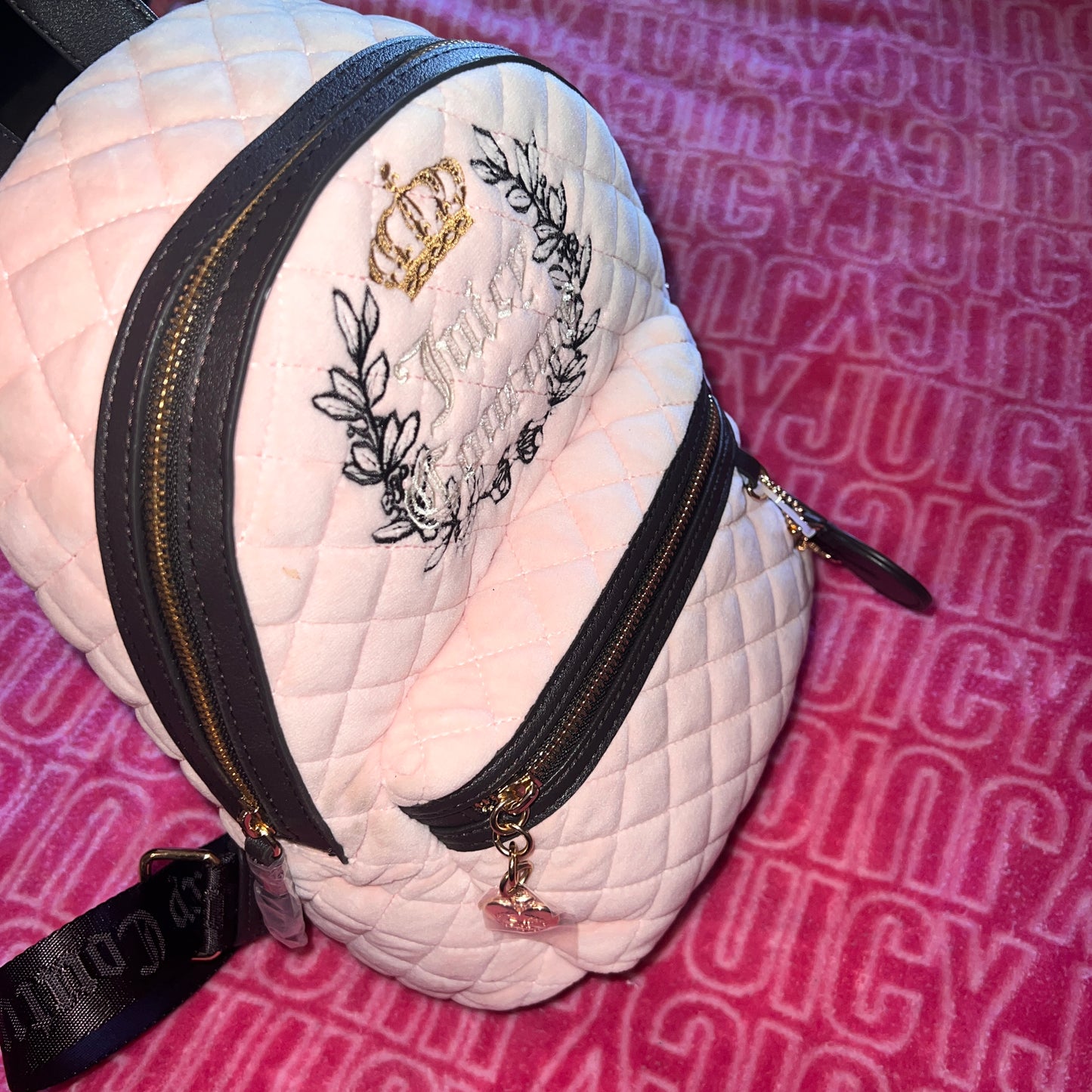 New Light Pink Beige Juicy Couture Mini Backpack Purse Bag Velvet Royal Moment