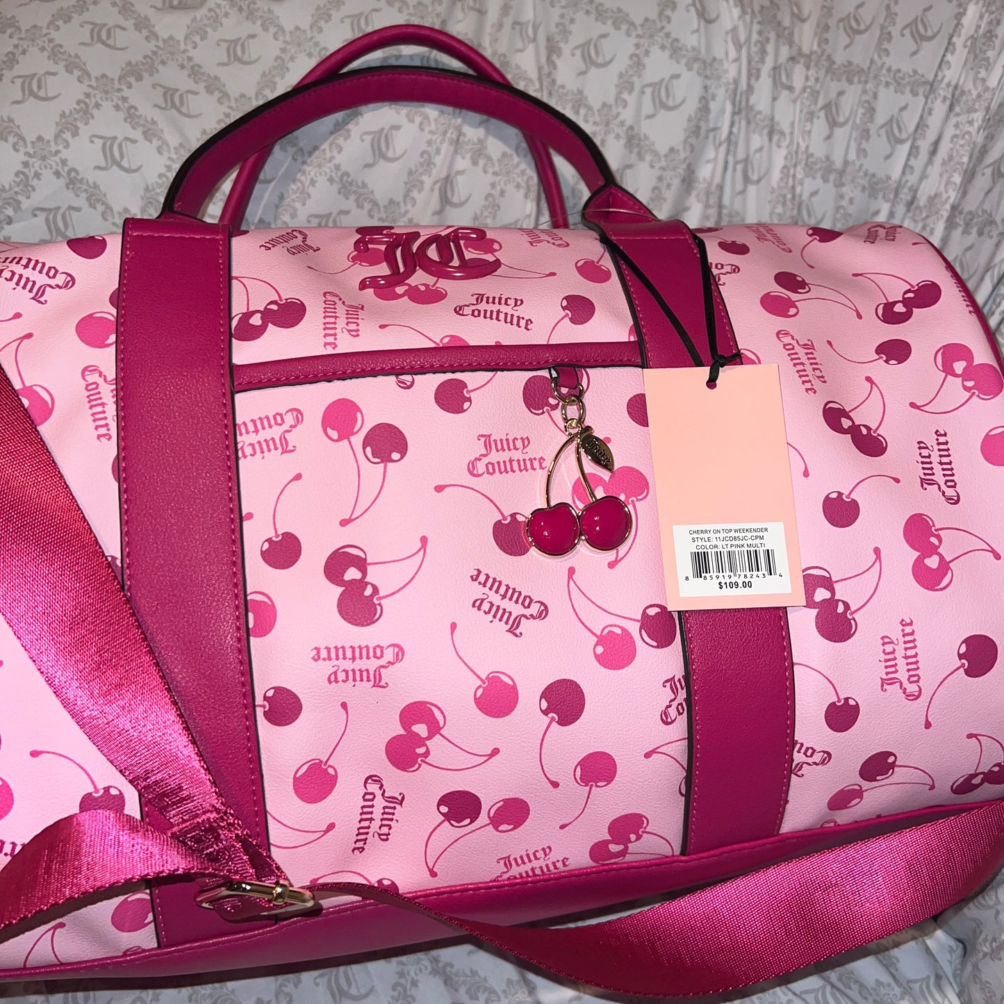 New Juicy Couture Pink Raspberry Cherry Weekender Travel Duffel Bag Cherries NWT