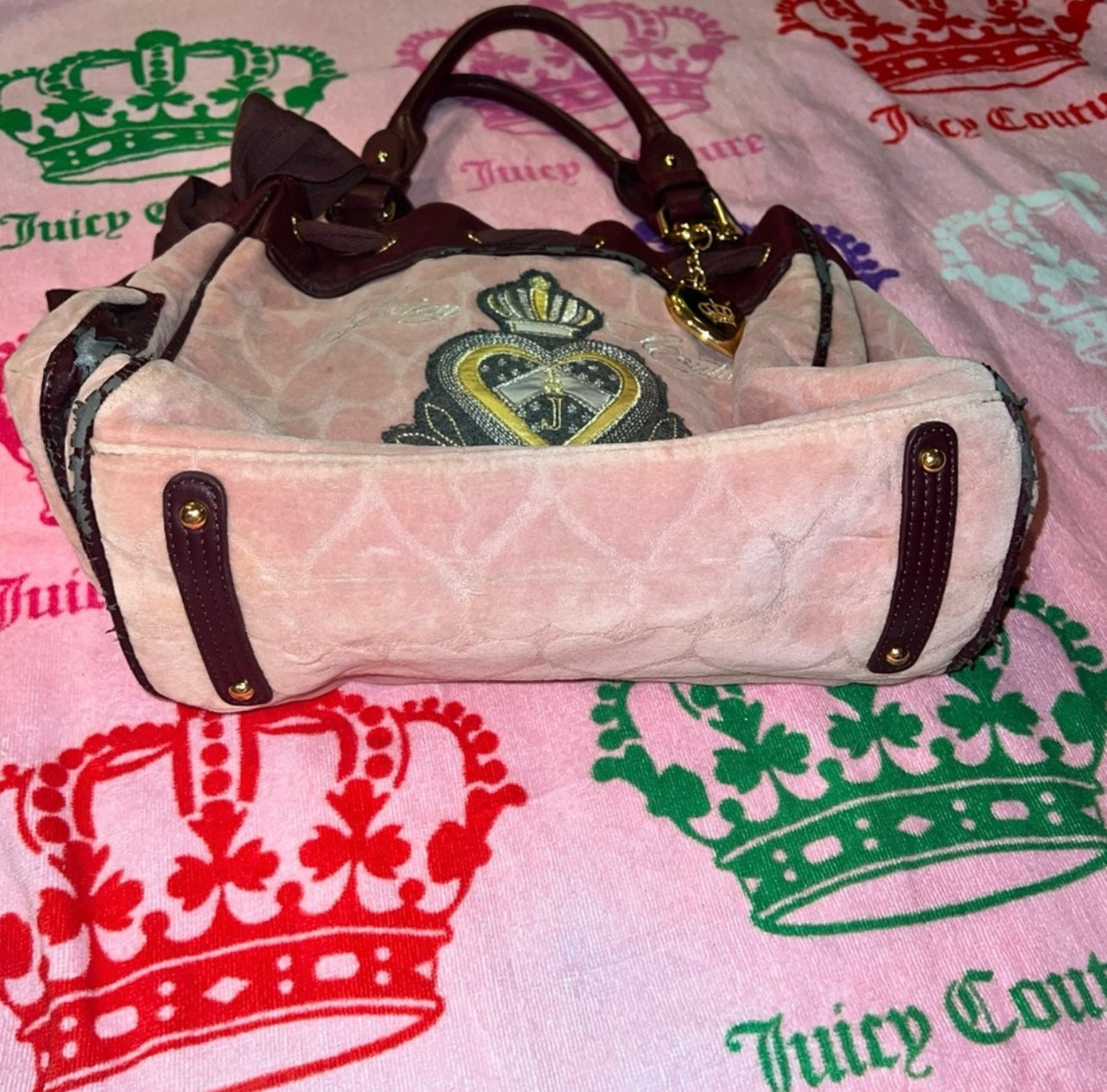 Vintage Pink Juicy Couture Purse Tote Bag Handbag Velour Daydreamer Y2K Hearts