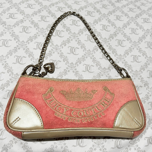 Vintage Gold Salmon Pink Juicy Couture Purse Bag Clutch Handbag Y2K Terry Cloth