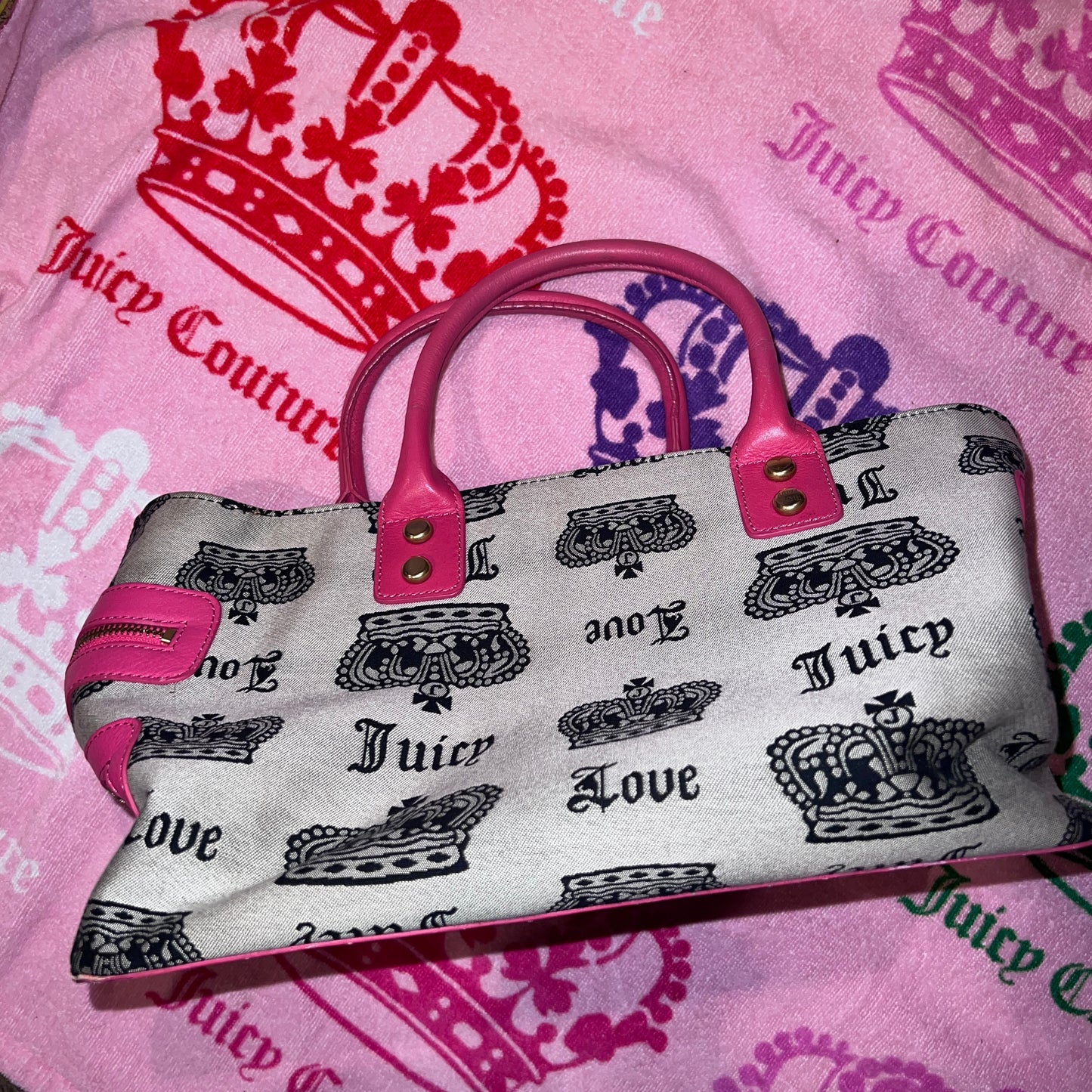 Vintage Pink Black Juicy Couture Purse Tote Bag Satchel XL Size Y2K