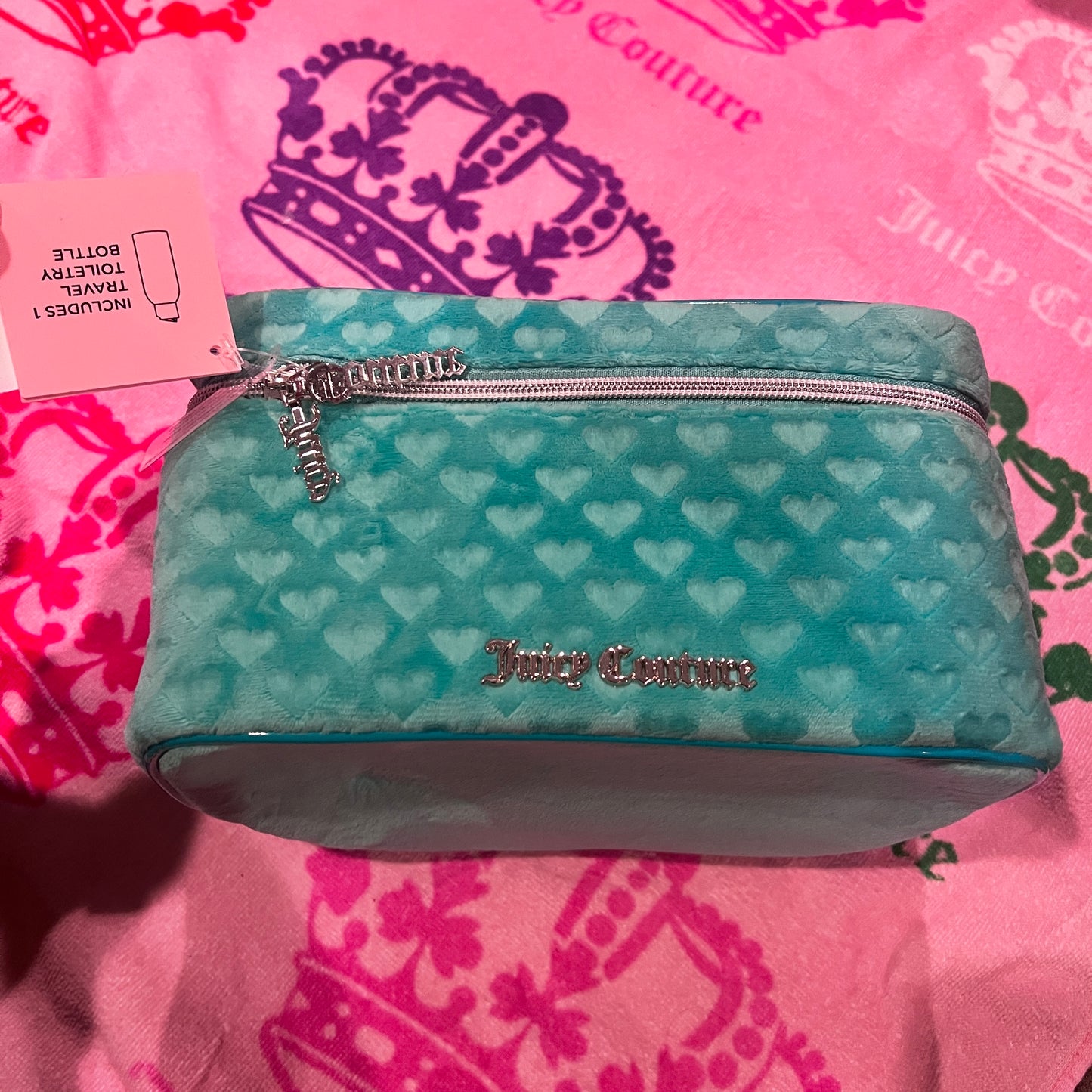 New Turquoise Juicy Couture Train Case Makeup Bag Velvet Cosmetic Purse Hearts