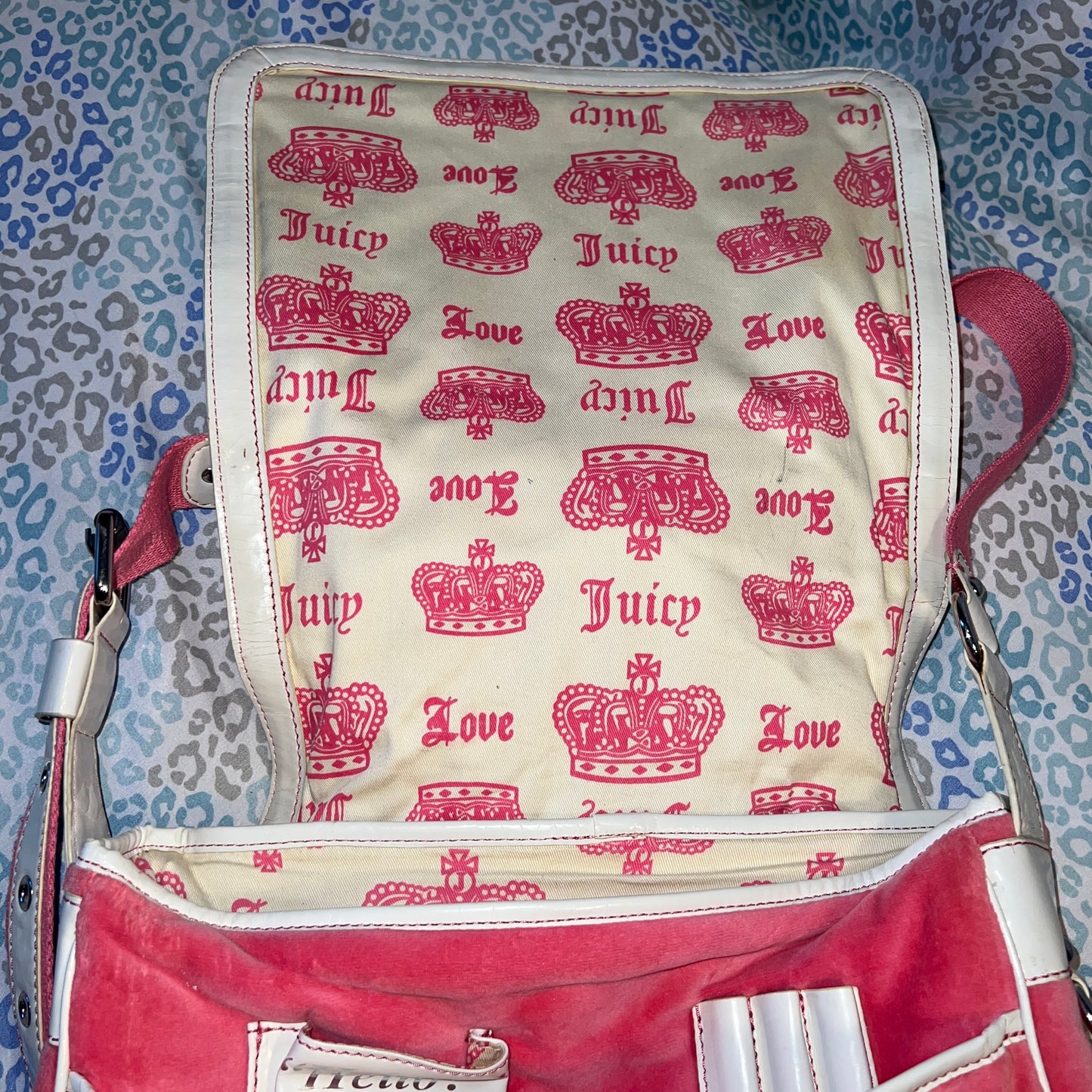 Vintage White Pink Juicy Couture Messenger Bag Purse Handbag Velour Cupcake