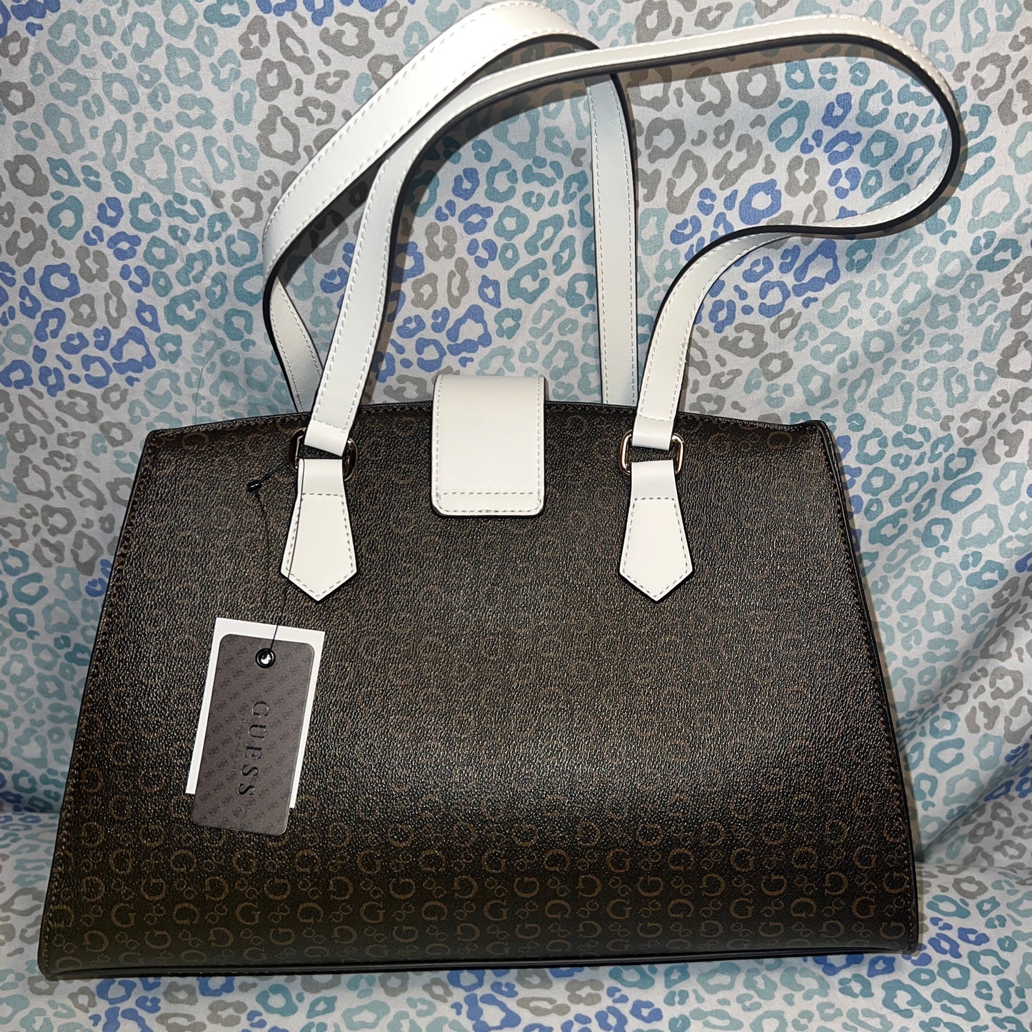 New Brown Guess Purse Handbag Tote Bag Satchel Natural Multi Zernik SG884207