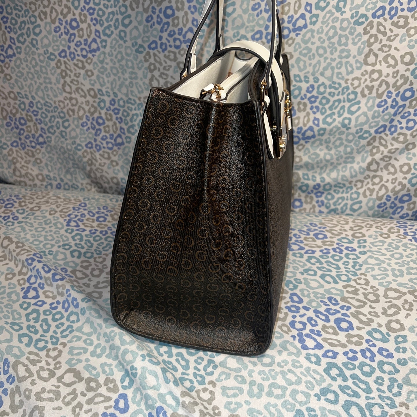 New Brown Guess Purse Handbag Tote Bag Satchel Natural Multi Zernik SG884207