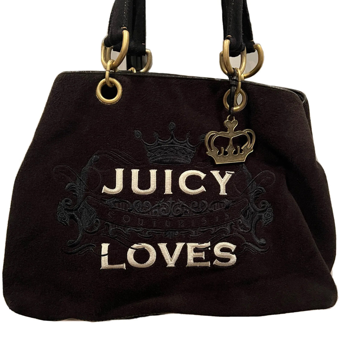 Vintage XL Black Juicy Couture Satchel Tote Purse Terry Cloth Y2K Travel Bag