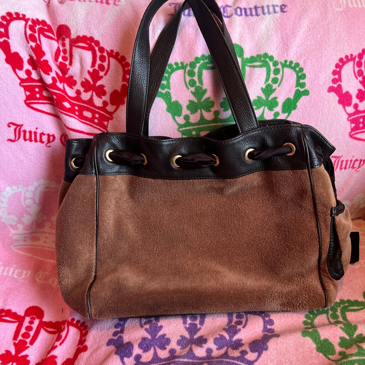 Vintage Brown Juicy Couture Purse Handbag Tote Bag Daydreamer Floral Terry Cloth