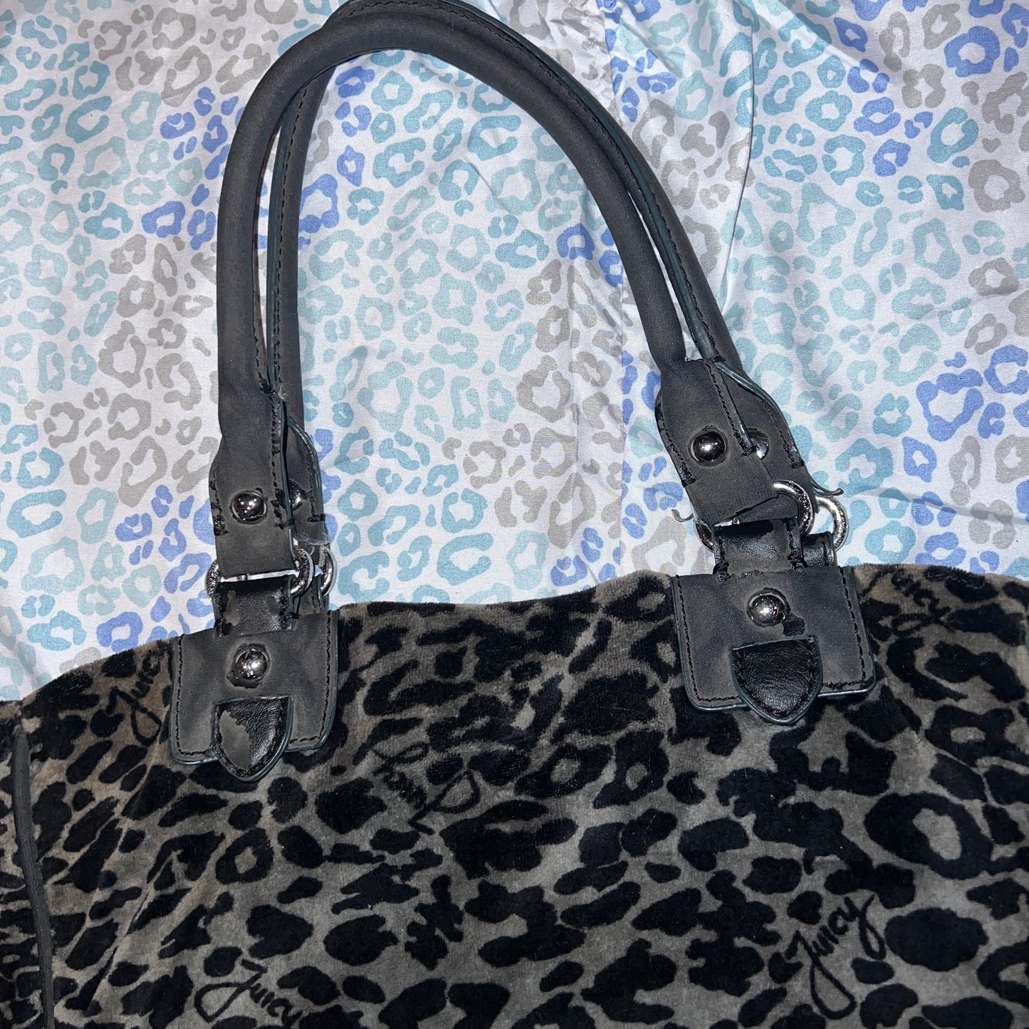 Vintage Grey Black Juicy Couture Handbag Satchel Bag Purse Velour Y2K Cheetah