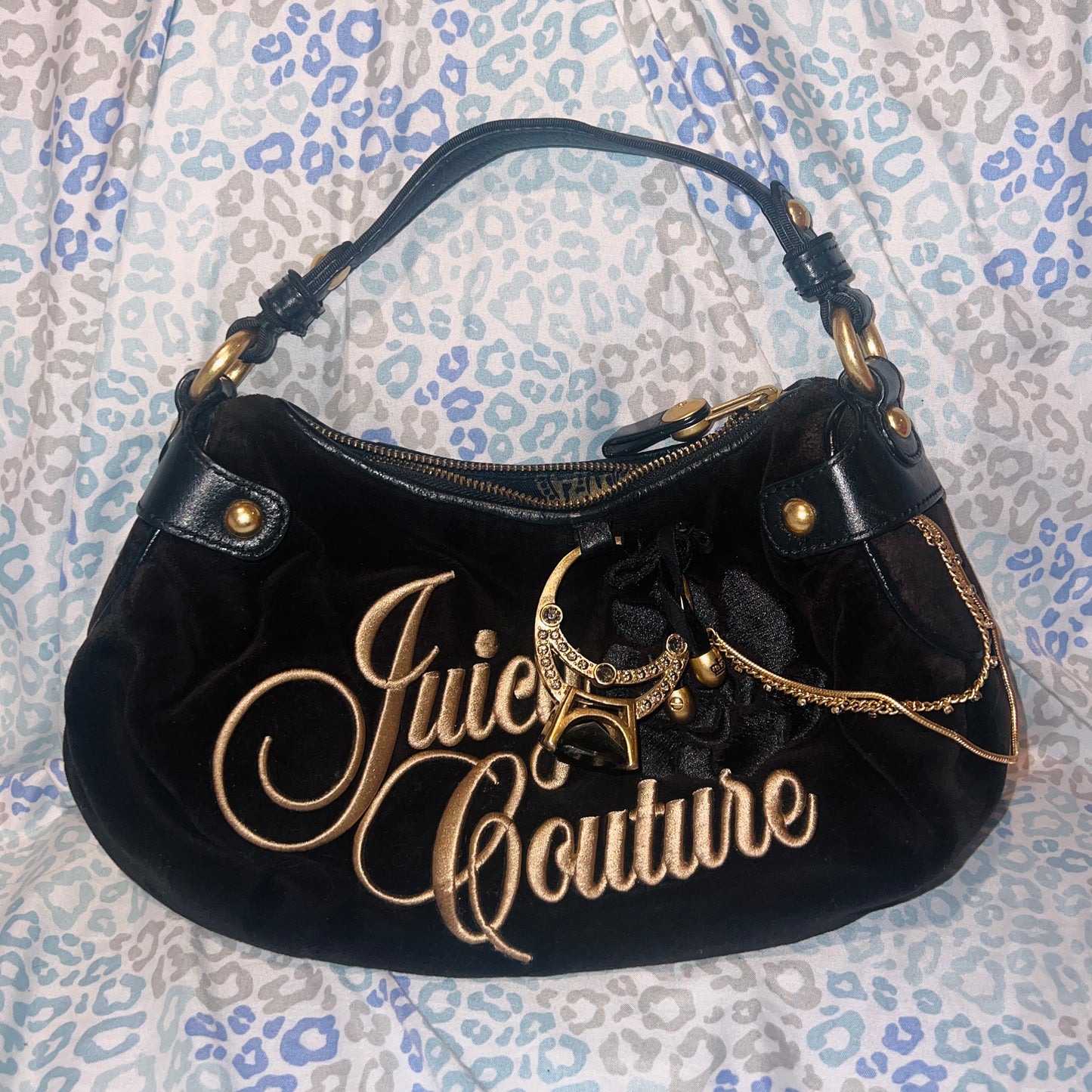 Vintage Black Juicy Couture Purse Satchel Bag Handbag Velour Y2K Ring