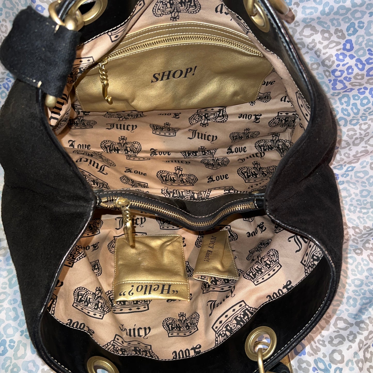 Vintage XL Black Juicy Couture Satchel Tote Purse Terry Cloth Y2K Travel Bag