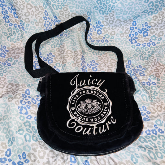 Vintage Black Juicy Couture Crossbody Bag Purse Live For Sugar Velour Y2K