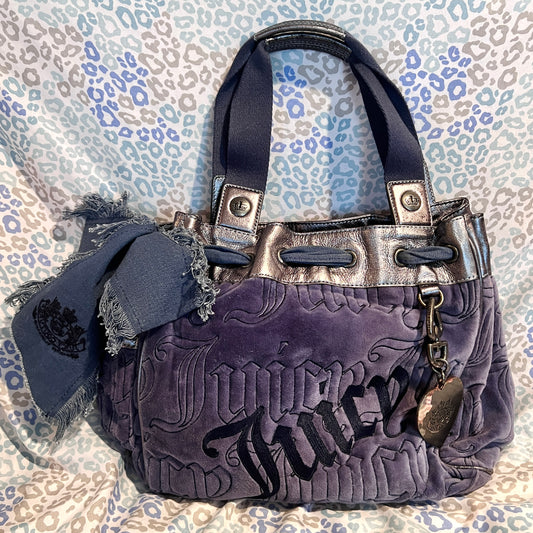 Vintage Blue Juicy Couture Purse Gunmetal Daydreamer Tote Bag Handbag Velour Y2K