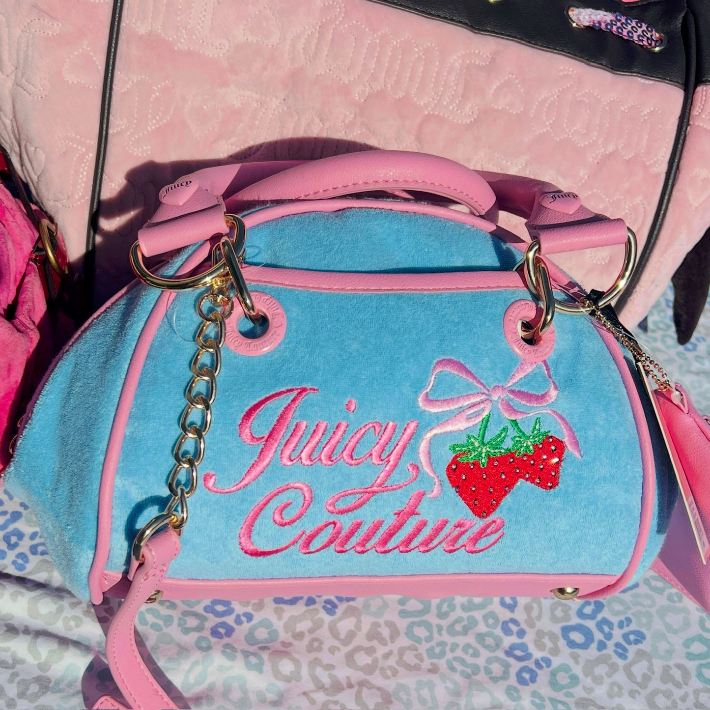 New Blue Juicy Couture Purse Bowler Bag Handbag Satchel Strawberry Terry Cloth